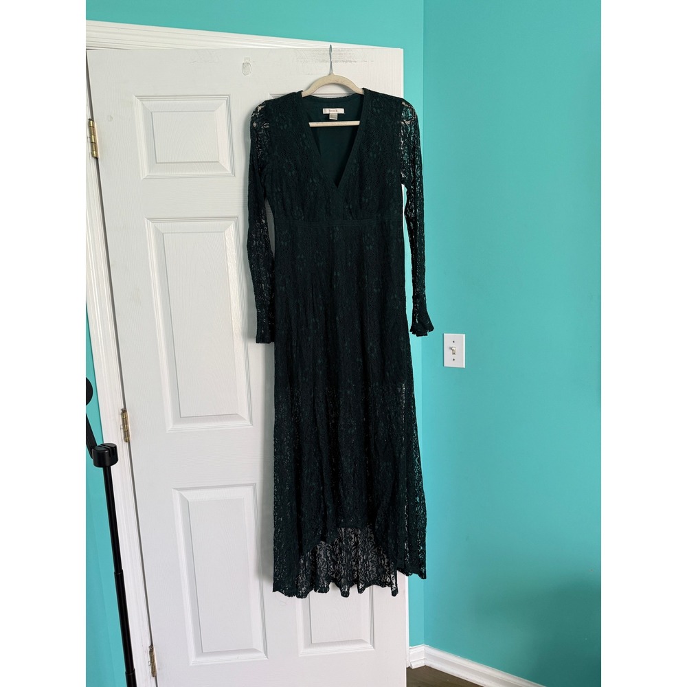 Forever 21 Forest Green Floral Lace V-Neck High-Low Maxi Dress Long Sleeve Small